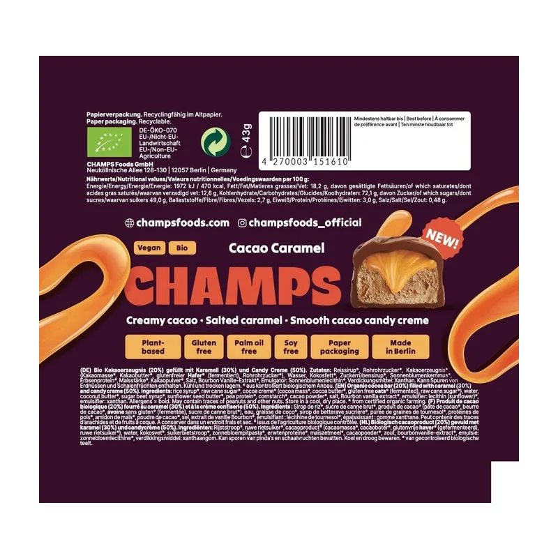 Champs Био шоколадово барче с какао и солен карамел 43 гр.