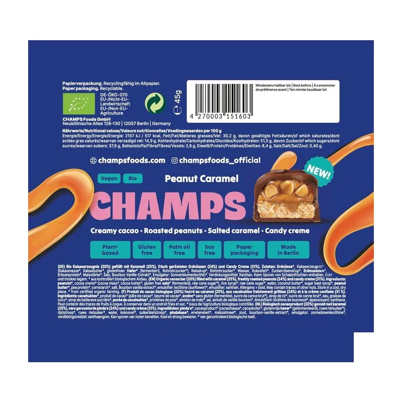 Champs Био шоколадово барче с печени фъстъци и солен карамел 45 гр.